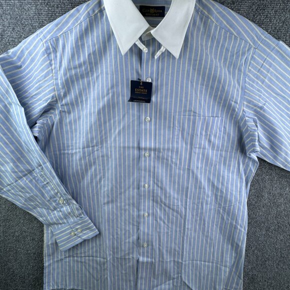 NWT Club Room Men’s 15.5 32/33 Striped Blue Yellow White Collar Button Up Shirt - Picture 1 of 13